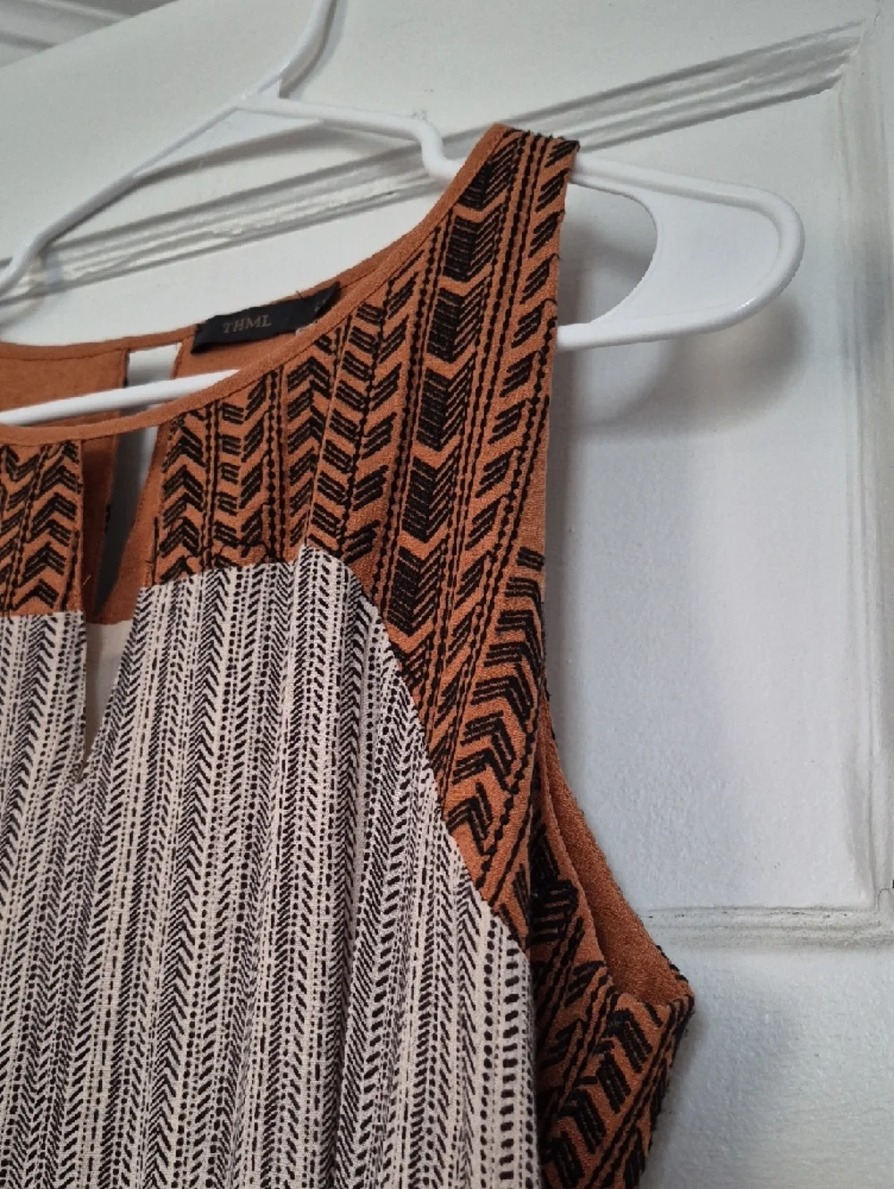 THML Boho Hippie Festival Sleeveless Rust and Cream Shift Dress Women's L - Picture 5 of 13